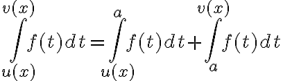 $\int_{u(x)}^{v(x)}f(t)dt=\int_{u(x)}^a f(t)dt + \int_a^{v(x)}f(t)dt$